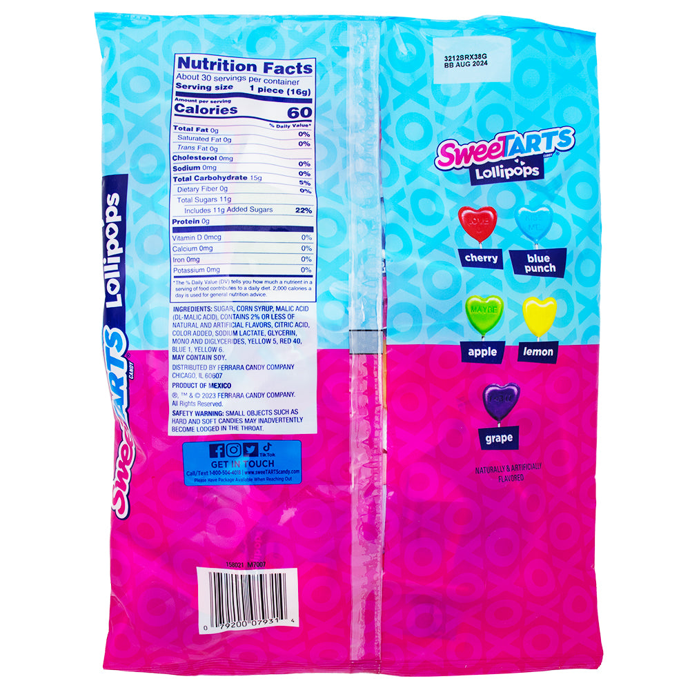 Sweetarts Lollipops 30ct - 16.8oz Nutrition Facts Ingredients-Sweetarts-Valentine’s Day cards for kids-Sour Candy-Lollipops-Valentine’s Day candy
