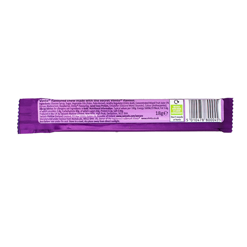 Swizzel's Vimto Chew Bar (UK) - 18g Nutrition Facts Ingredients - British Candy