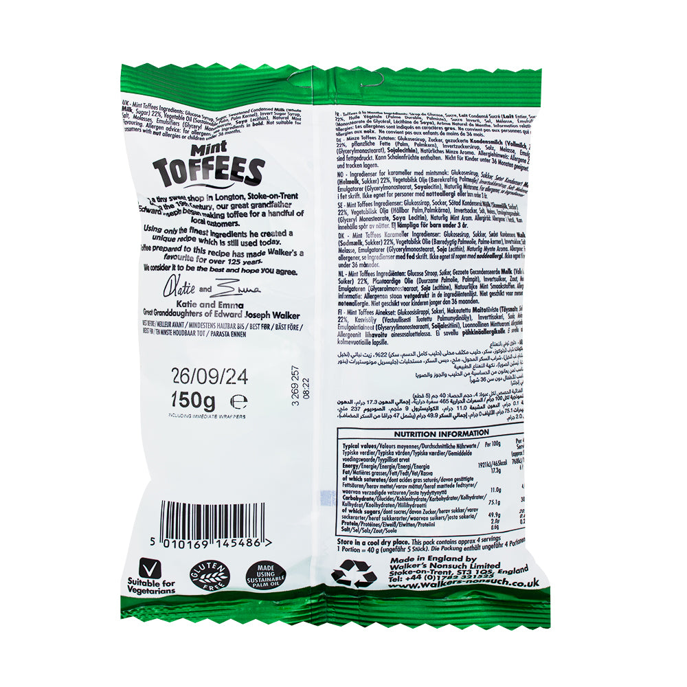 Walker's Mint Toffees (UK) - 150g Nutrition Facts Ingredients - British Candy