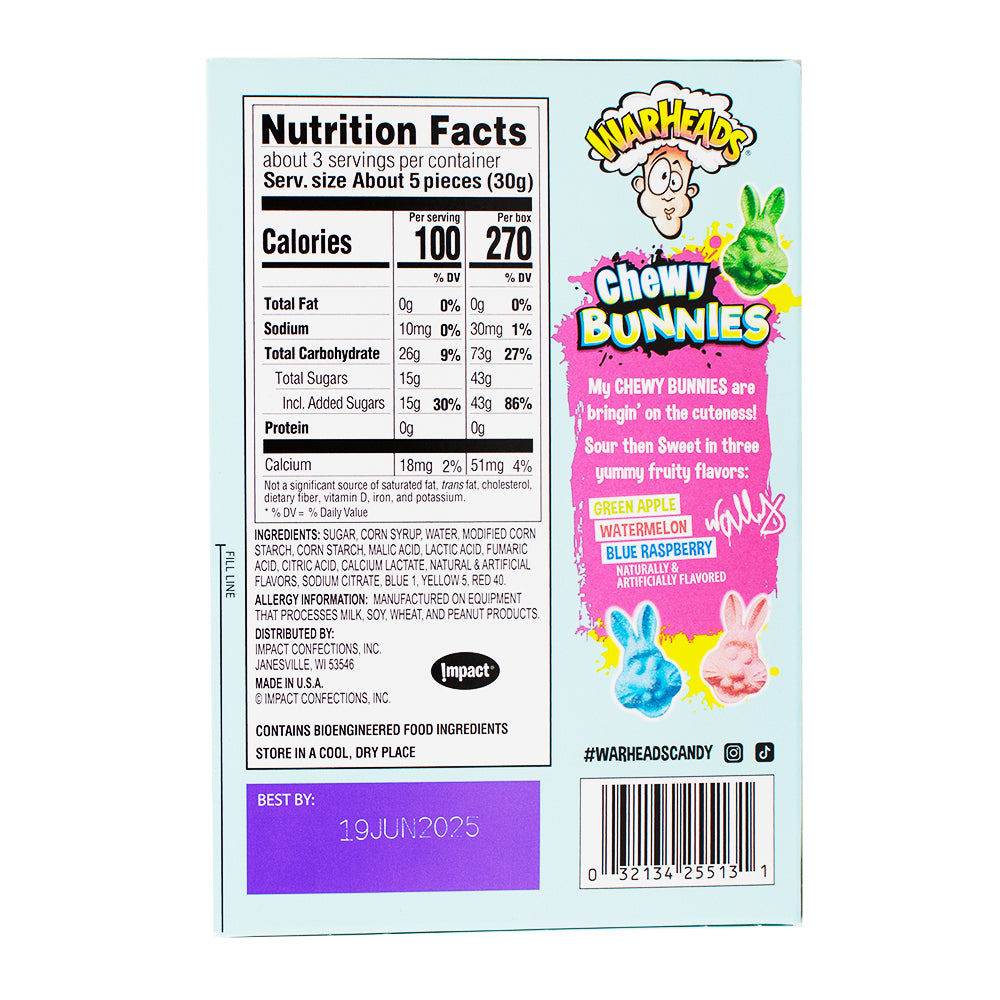 Warheads Easter Chewy Bunnies Theatre Box - 3.5oz Nutrition Facts Ingredients