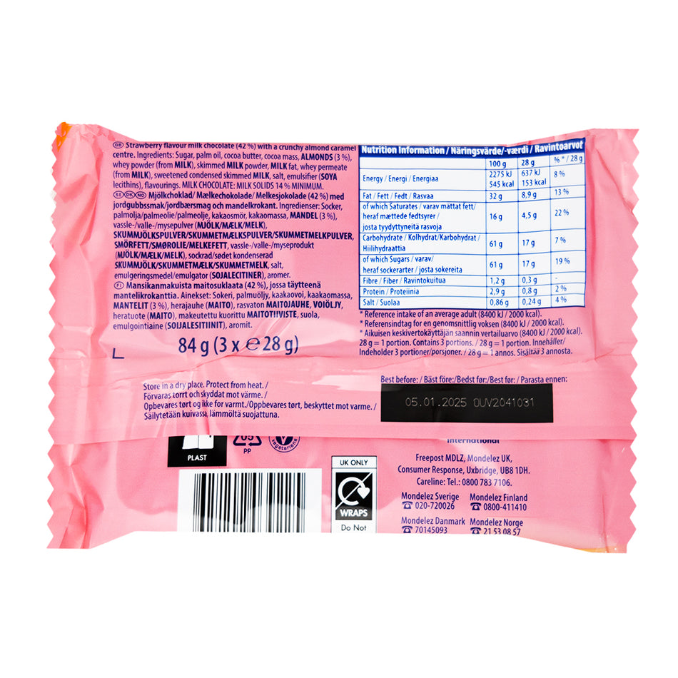 Cadbury Daim Strawberry Bars 3pk (UK) - 84g - Limited Edition - British Chocolate Bars - Nutrition Facts - Ingredients