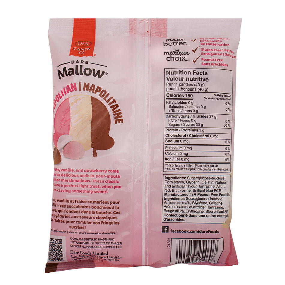 Dare Mallow Neapolitan Flavoured Marshmallow Candy - 150g Nutrition Facts Ingredients