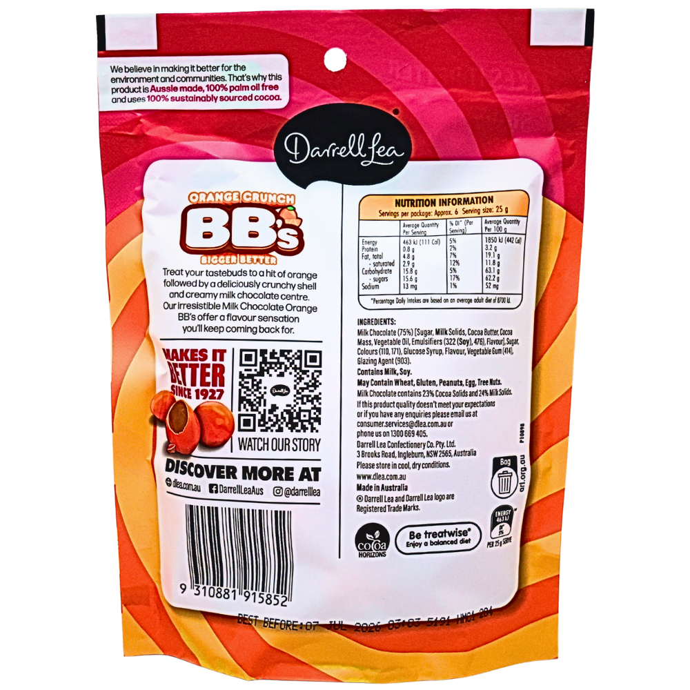 Darrell Lea Orange Crunch BB's Milk Chocolate (Aus) - 152g