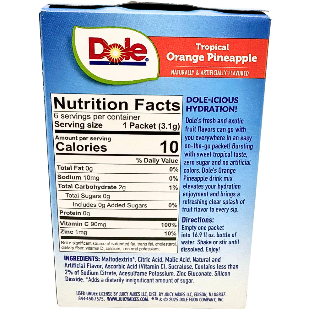 Dole Singles To Go Zero Sugar - Tropical Orange Pineapple - 18.6g