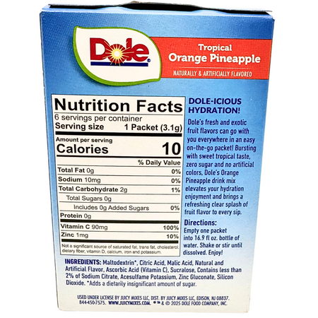 Dole Singles To Go Zero Sugar - Tropical Orange Pineapple - 18.6g