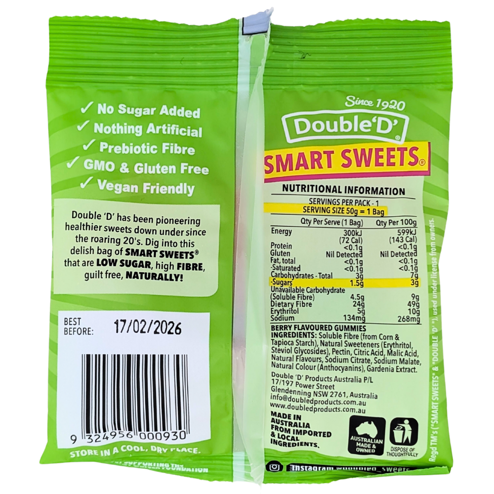 Double ‘D’ Smart Sweets Sour Gummies (Australia) - 50g