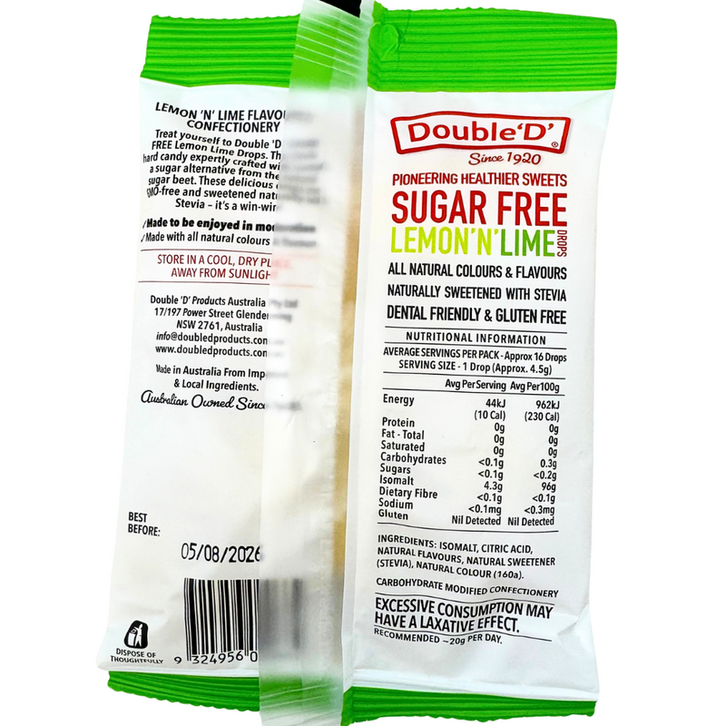 Double 'D' Sugar Free Lemon 'N' Lime Drops (Australia) - 70g