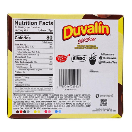 Duvalin Hazelnut Vanilla 18ct Nutrition Facts Ingredients -Duvalin - Mexican Candy 