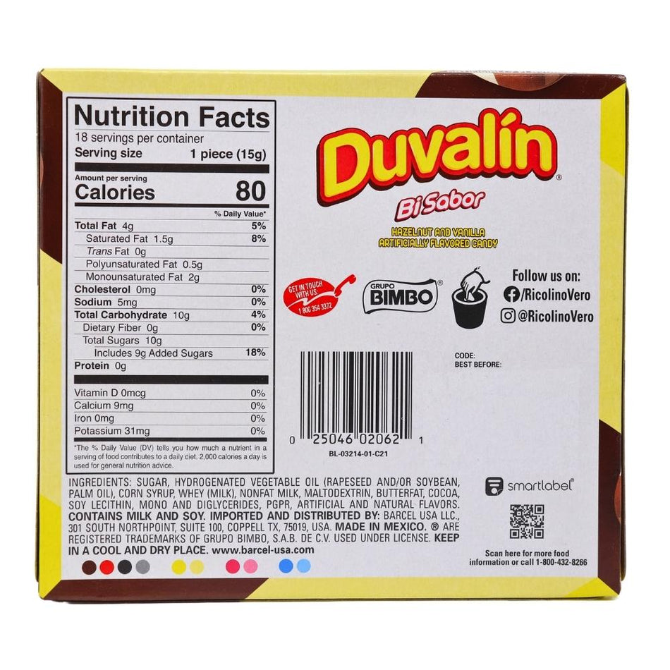Duvalin Hazelnut Vanilla 18ct Nutrition Facts Ingredients -Duvalin - Mexican Candy 