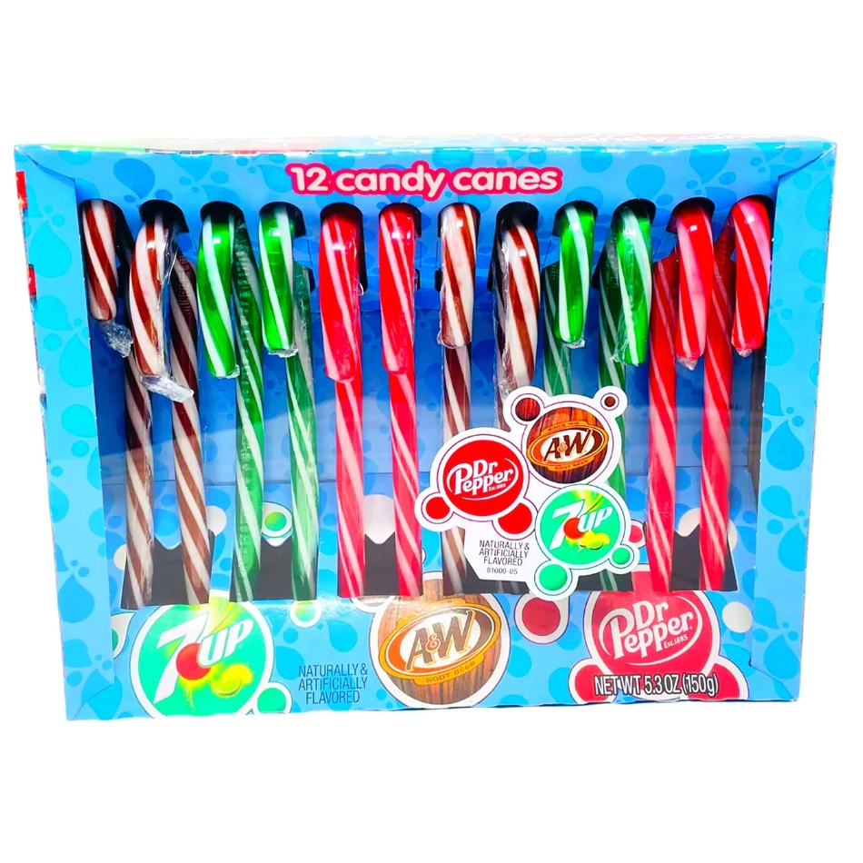 Christmas Soda Pop Candy Canes | Dr.Pepper, 7 Up, A&W Root Beer - 12ct