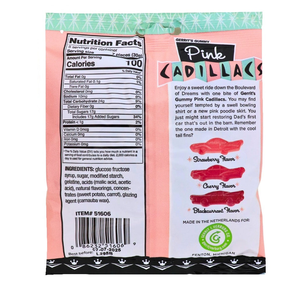 Gerrit's Pink Cadillacs Gummy Candy - 150g Nutrition Facts Ingredients