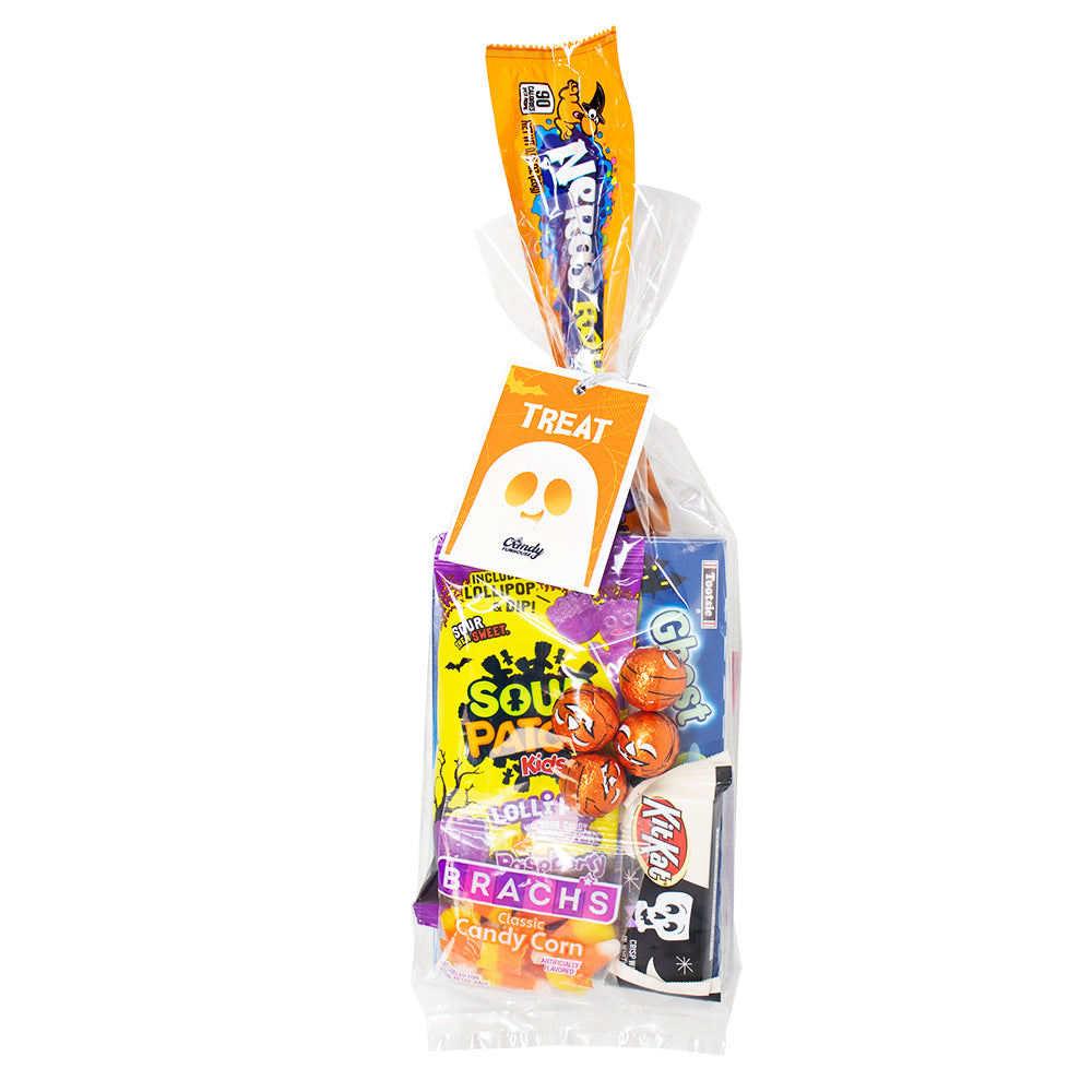 Halloween Treat Loot Bag, Dots Ghost, Nerds Rope Spooky Candy, Sour Patch Kids Halloween Lollipops, Brach’s Candy Corn, Kit Kat Breaking Bones White Creme, Halloween Chocolate Pumpkin Balls, Nerds Gummy Clusters, Huckleberry Salt Water Taffy