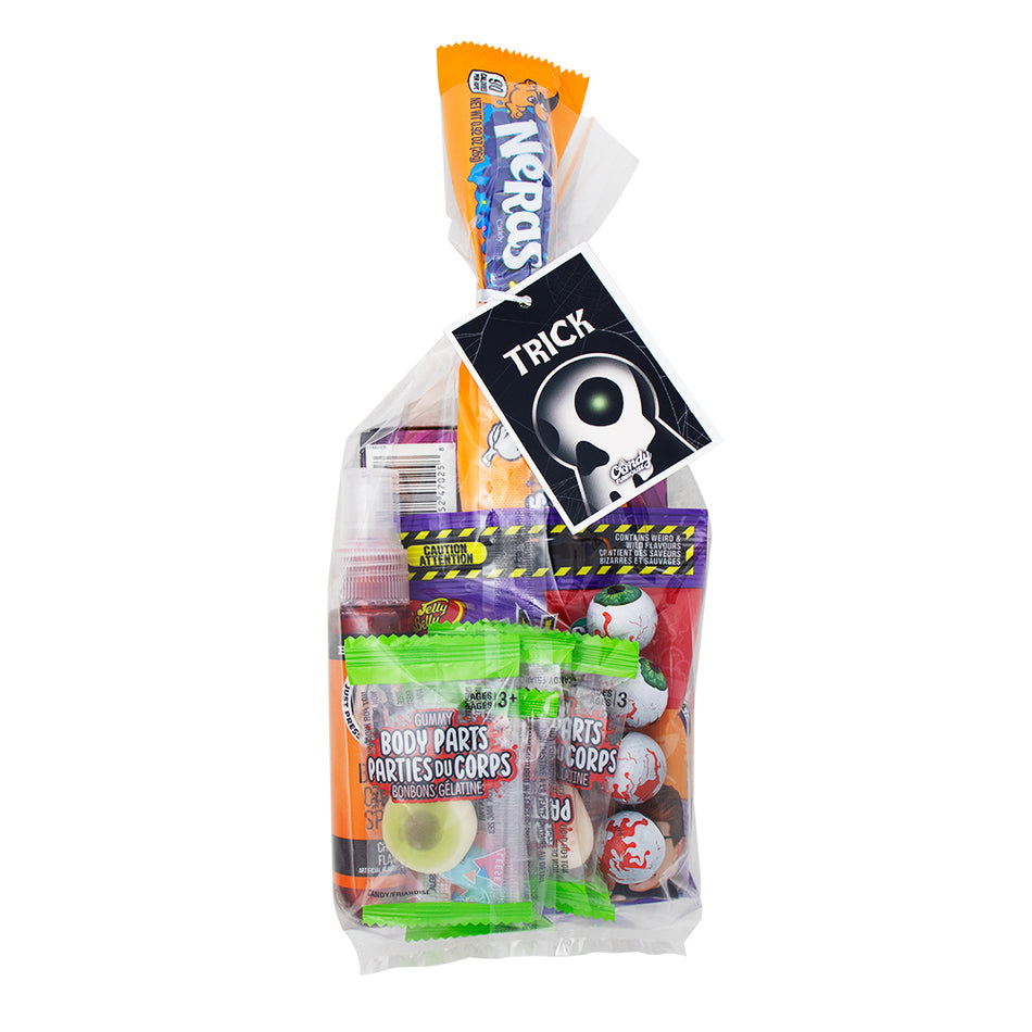 Halloween Trick Loot Bag, Gummy Body Parts, McCormicks Milk Chocolate Eyeballs, Jelly Belly Bean Boozled, Cherry Bloody Candy Spray, Nerds Rope Spooky Candy, Sour Box of Boogers, Halloween Candy, Halloween Loot Bags, Halloween Gift Ideas