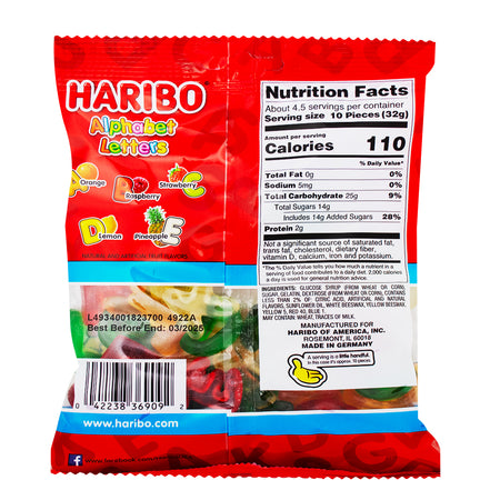 Haribo Alphabet Letters Gummi Candy  Nutrition Facts Ingredients