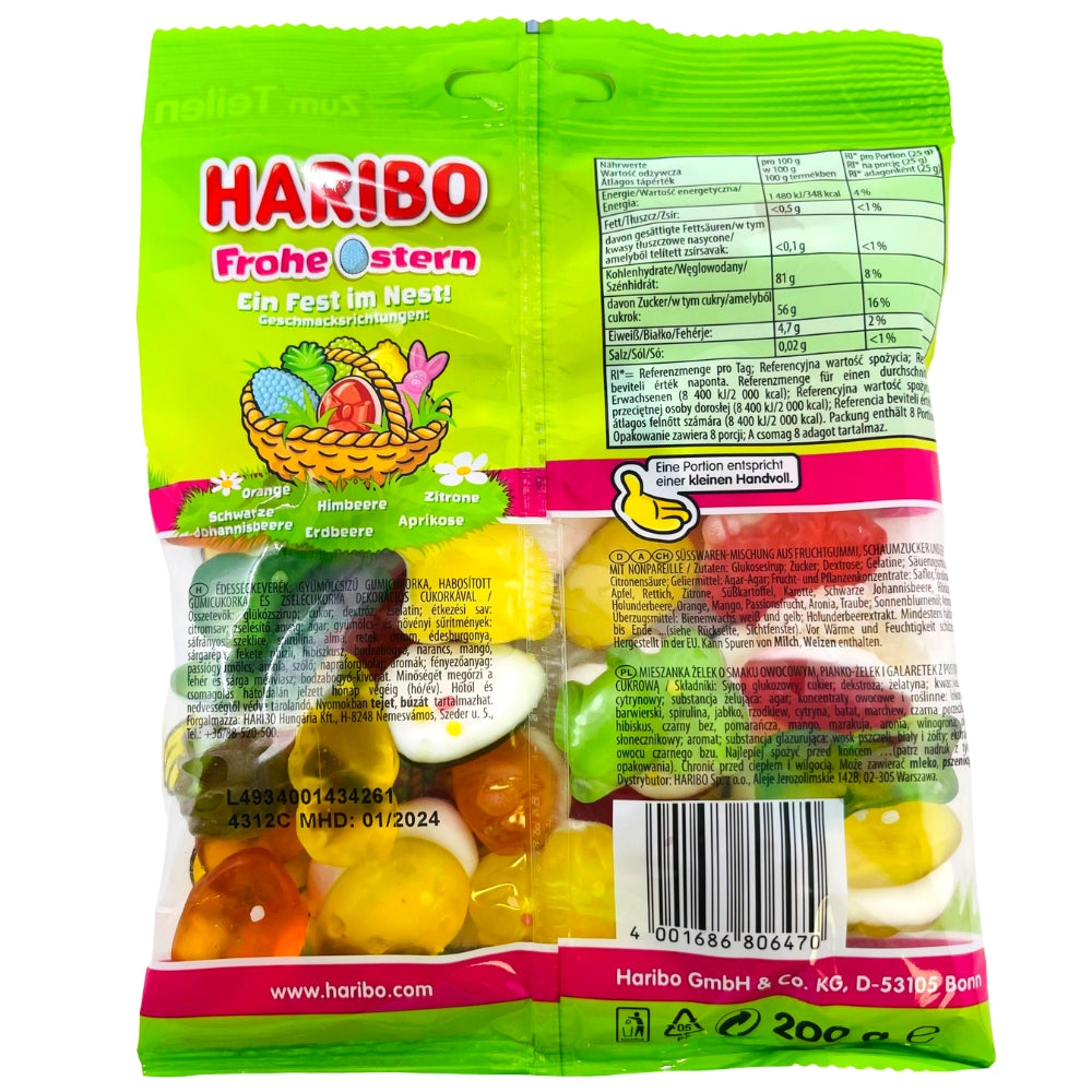 Haribo Happy Easter - 200g ingredients nutrition facts, Haribo, haribo gummy, haribo gummies, soft gummy, chewy gummies, chewy gummy, german candy, german haribo, cherry gummies, cherry gummy, haribo easter, easter gummy, easter gummies