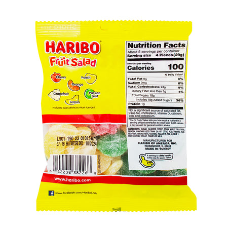 Haribo Fruit Salad Gummy Candy - 5 oz.  Nutrition Facts Ingredients