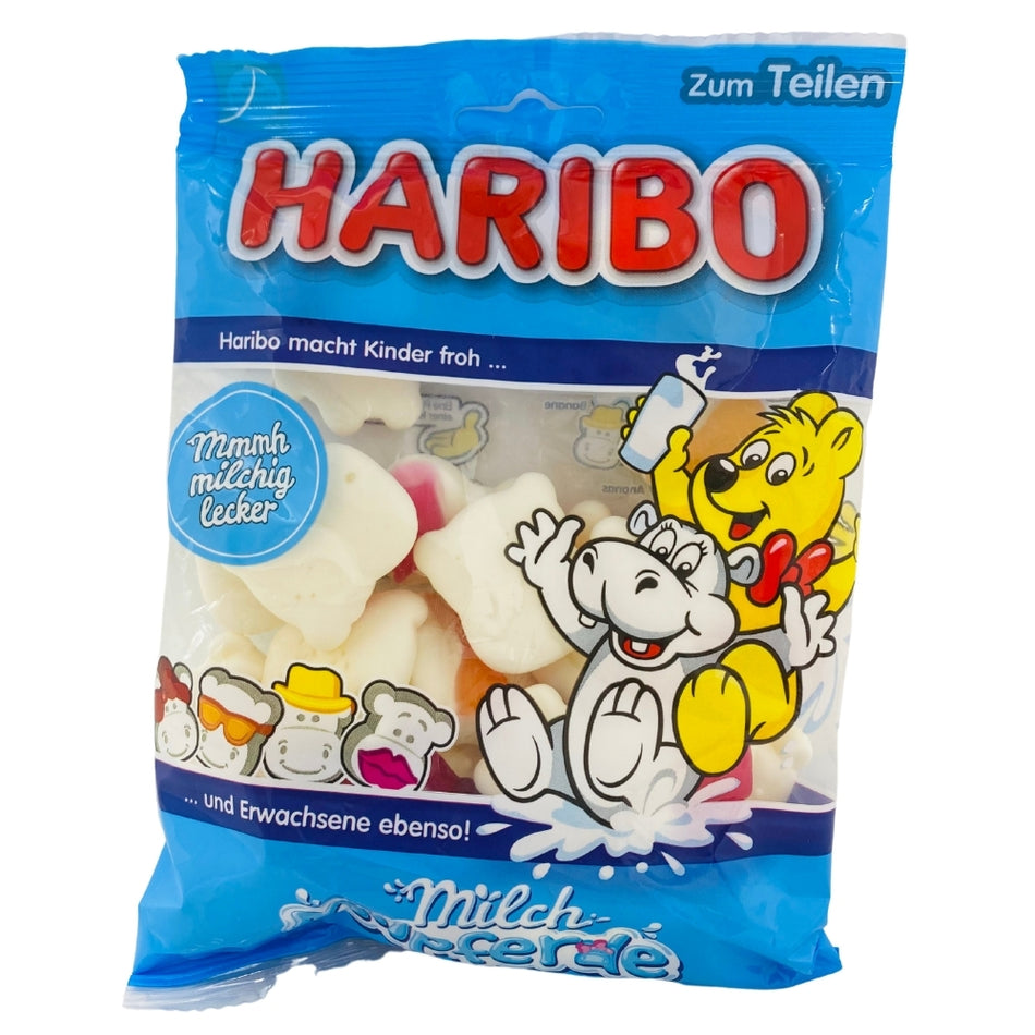 Haribo Milch Milpferde (Milk Horse) - 175g, Haribo Milch Milpferde, Milk Horses, Creamy Candy, Whimsical Treat, Playful Snacking, haribo, haribo gummy, haribo gummies, german candy, german gummies, gummy candy, gummies