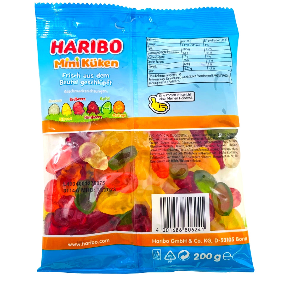 Haribo Mini-Chicks - 200g Nutrition Facts Ingredients, Haribo, haribo gummy, haribo gummies, soft gummy, chewy gummies, chewy gummy, german candy, german haribo, haribo easter, easter gummy, easter gummies