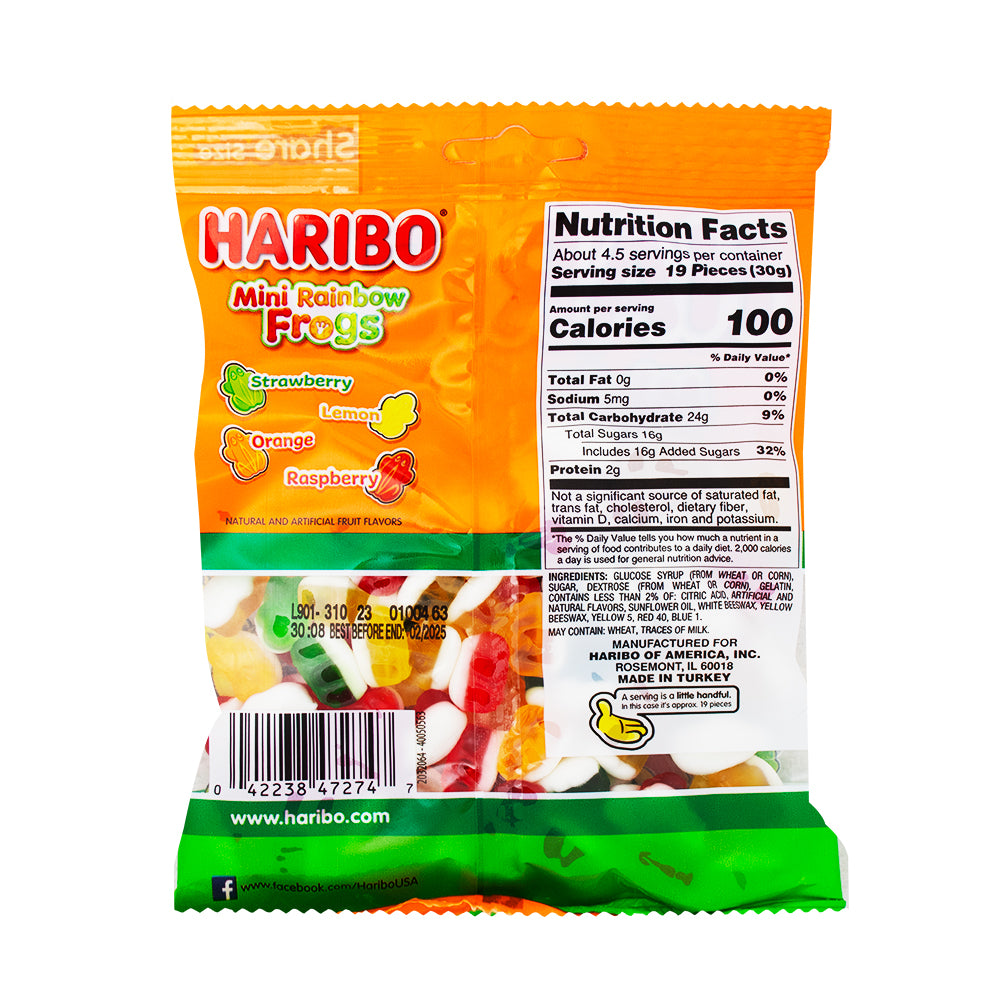 Haribo Mini Rainbow Frogs Gummi Candy-5 oz.  Nutrition Facts Ingredients