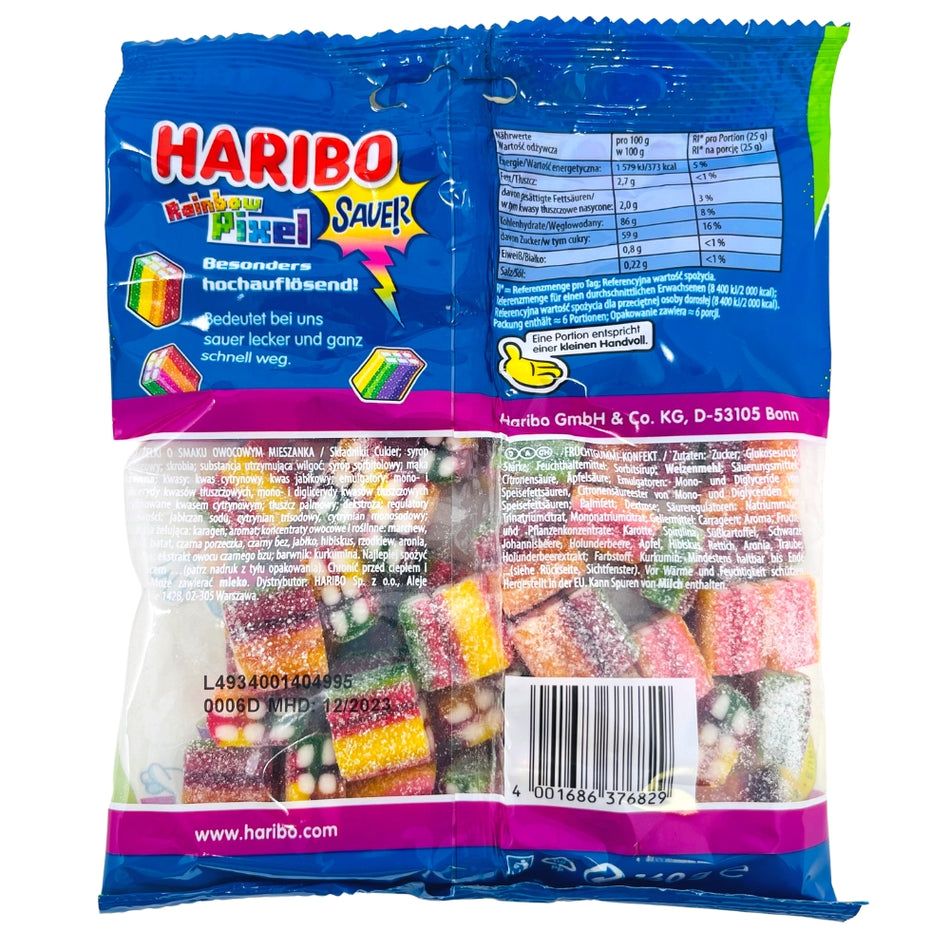 Haribo Rainbow Pixel Sour - 160g ingredients nutrition facts, Haribo, haribo gummy, haribo gummies, soft gummy, chewy gummies, chewy gummy, german candy, german haribo, haribo candy, haribo sour gummy, sour gummy, sour candy