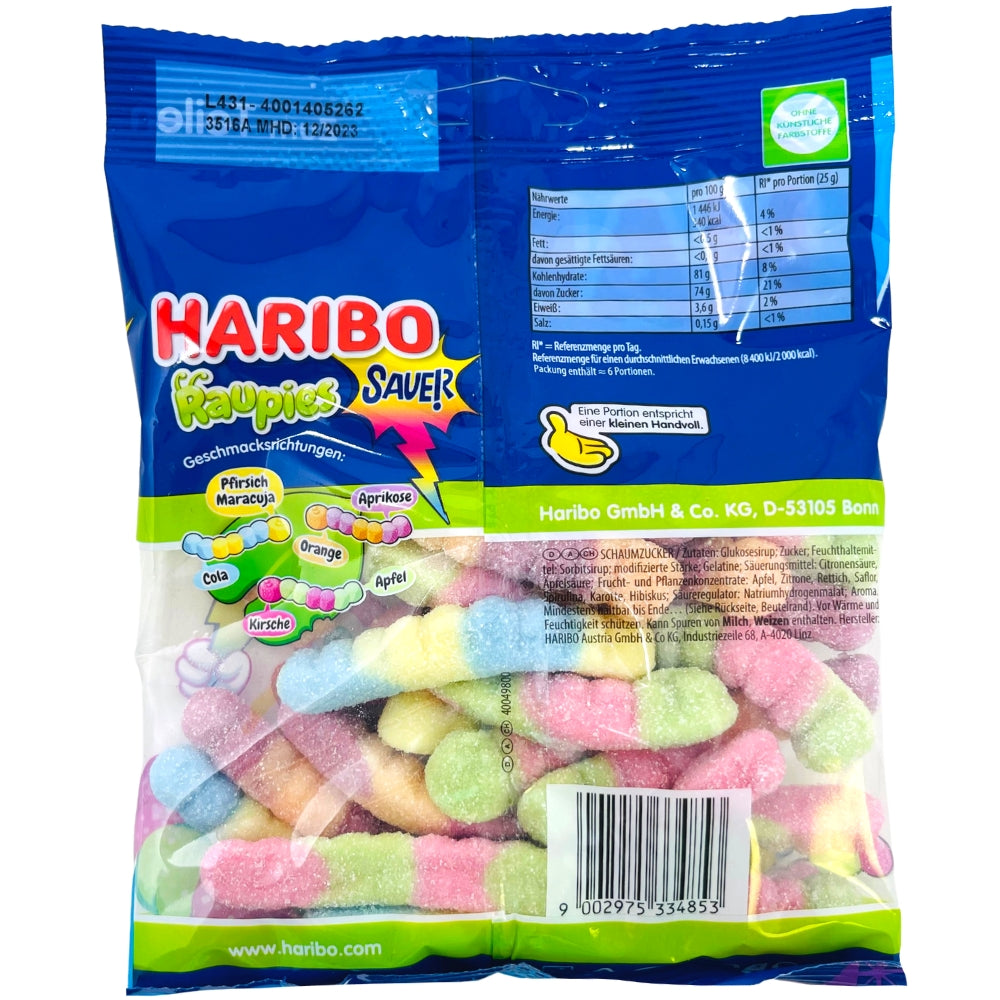 Haribo Caterpillars Sour - 160g Nutrition Facts Ingredients, Haribo, haribo gummy, haribo gummies, soft gummy, chewy gummies, chewy gummy, german candy, german haribo