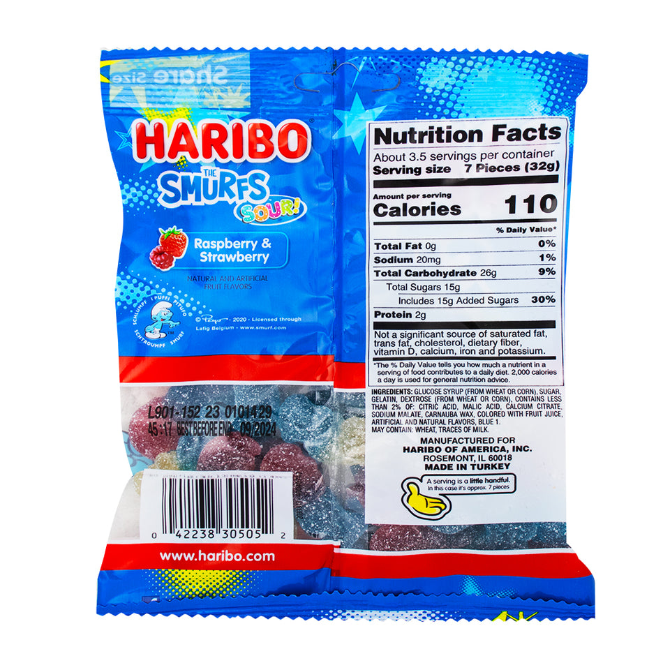 Haribo Smurfs Sour! Gummy Candy - 4oz.  Nutrition Facts Ingredients