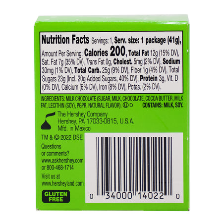 Hershey's Large Solid Milk Chocolate Kisses Grinch - 1.45oz Nutrition Facts Ingredients