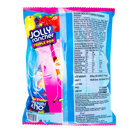 Jolly Rancher Triple Pop (India) - 224g   Nutrition Facts Ingredients
