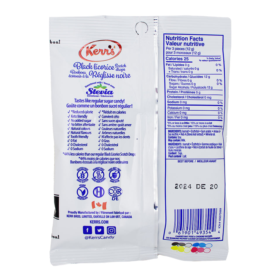 Kerr's Light Black Licorice Scotch Drops No Sugar Added - 90g Nutrition Facts Ingredients - Canadian Candy