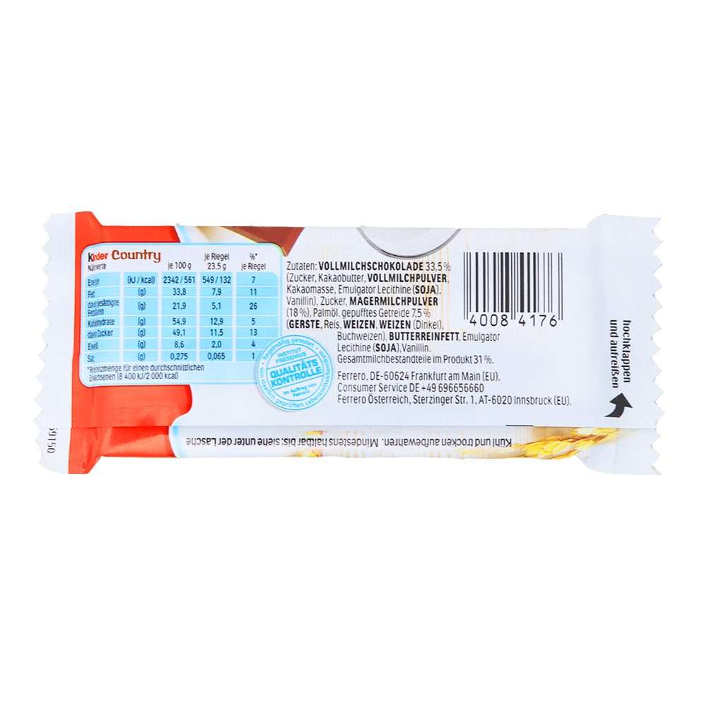 Kinder Country Milk Chocolate - 23.5g  Nutrition Facts Ingredients