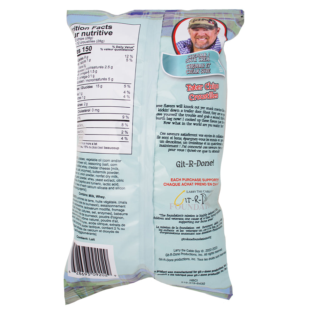 Larry The Cable Guy Tater Chips Cheddar & Sour Cream - 3.5oz Nutrition Facts Ingredients-Larry The Cable Guy- Bag Of Chips-Cheddar Chips