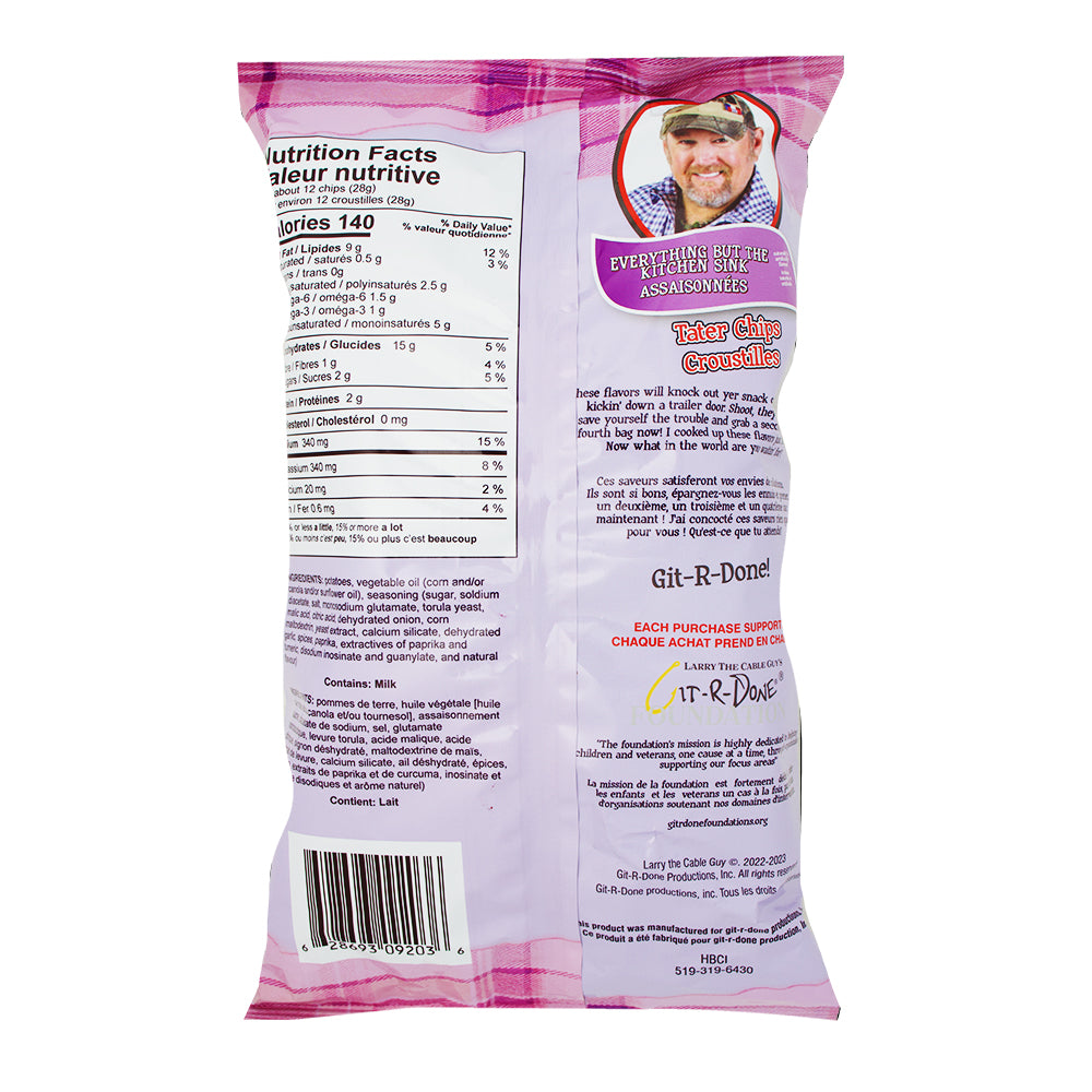 Larry The Cable Guy Tater Chips Everything But The Kitch Sink All Dressed - 3.5oz Nutrition Facts Ingredients-All Dressed Chips-Larry The Cable Guy-Bag Of Chips