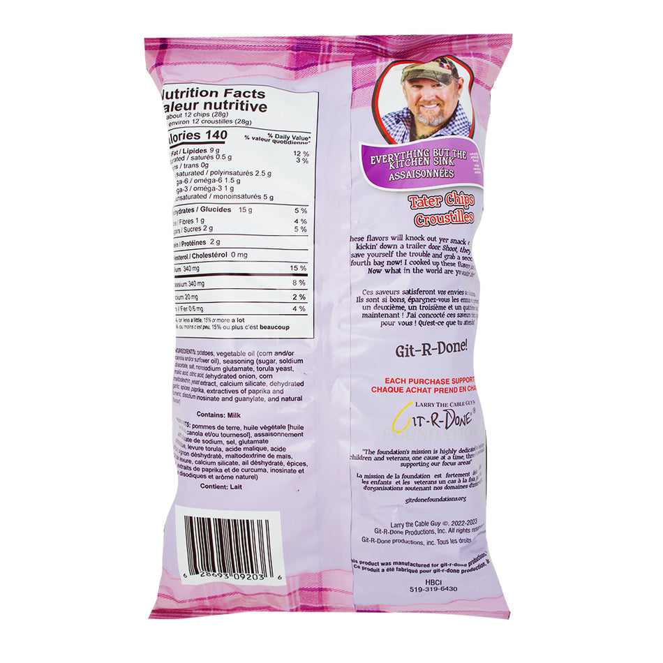 Larry The Cable Guy Tater Chips Everything But The Kitch Sink All Dressed - 3.5oz Nutrition Facts Ingredients-All Dressed Chips-Larry The Cable Guy-Bag Of Chips