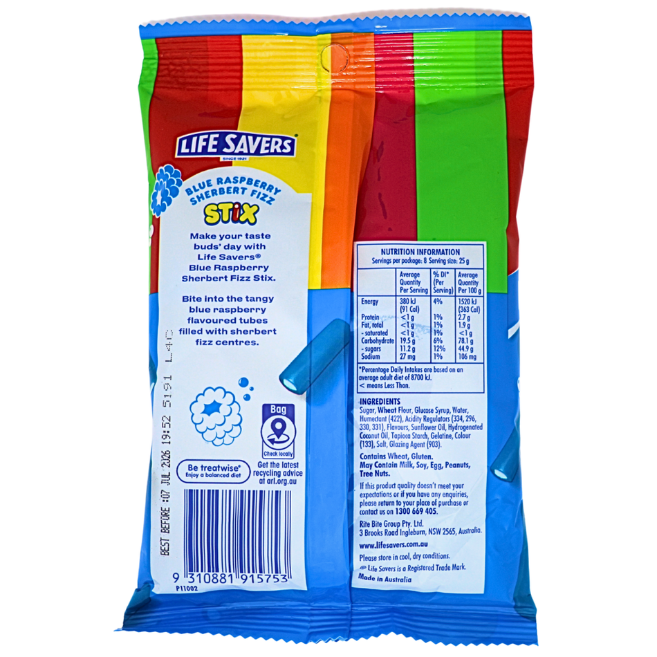 Lifesavers Blue Raspberry Sherbert Fizz Stix (Aus) - 200g