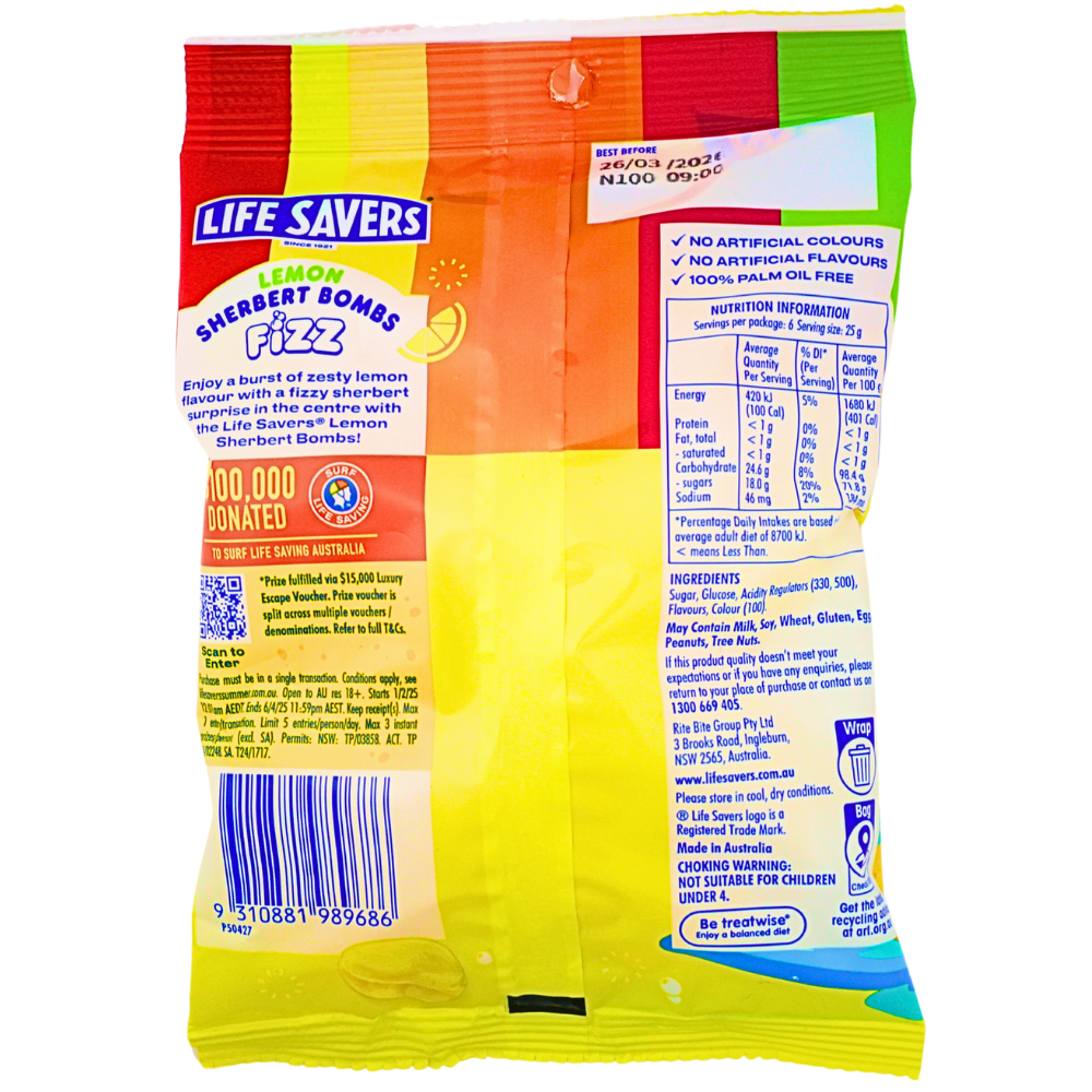 Lifesavers Lemon Sherbert Bombs Fizz (Aus) - 150g