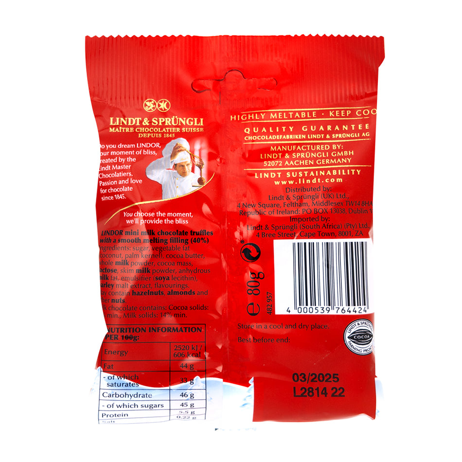 Lindor Mini Milk Bag (UK) - 80g  Nutrition Facts Ingredients
