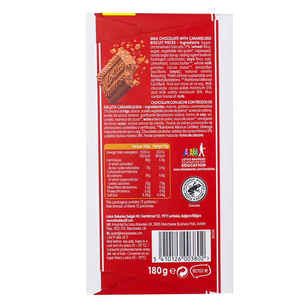 Lotus Biscoff Milk Chocolate Bar (UK) - 180g  Nutrition Facts Ingredients
