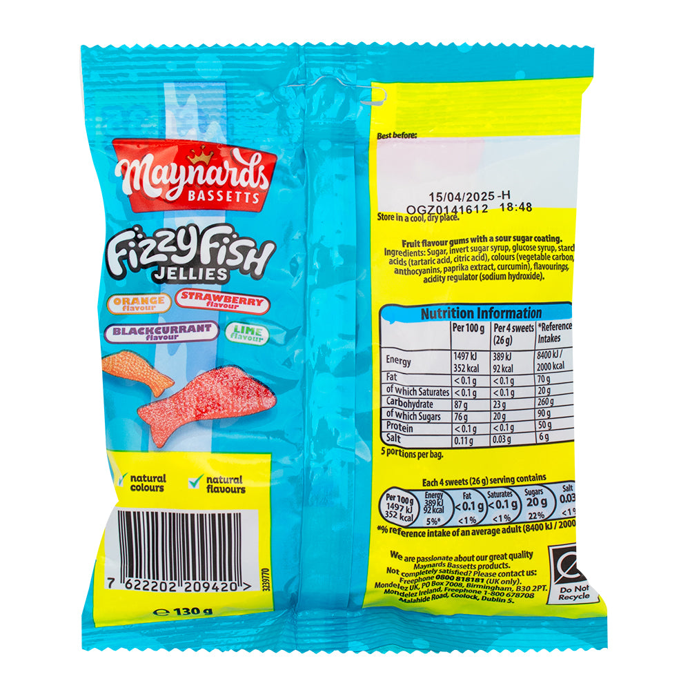 Maynards Bassetts Fizzy Fish Jellies (UK) - 130g  Nutrition Facts Ingredients