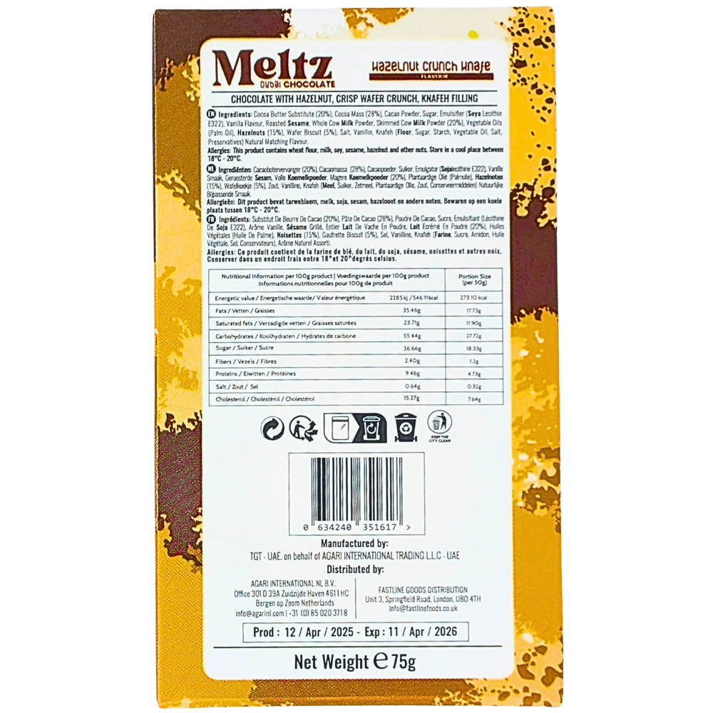 Meltz Dubai Chocolate Hazelnut Crunch Knafeh - 75g