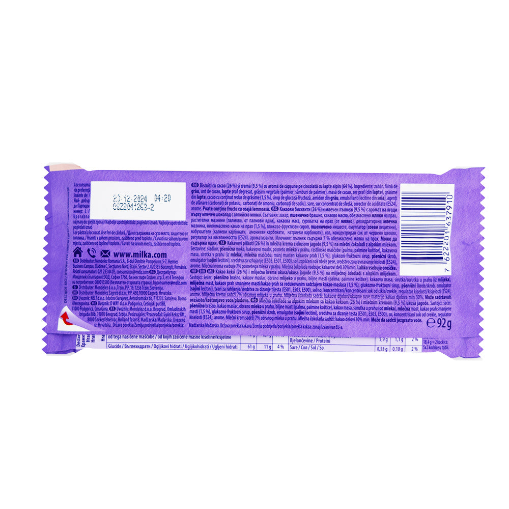 Milka Oreo Strawberry Sandwich Chocolate Bar - 92g  Nutrition Facts Ingredients
