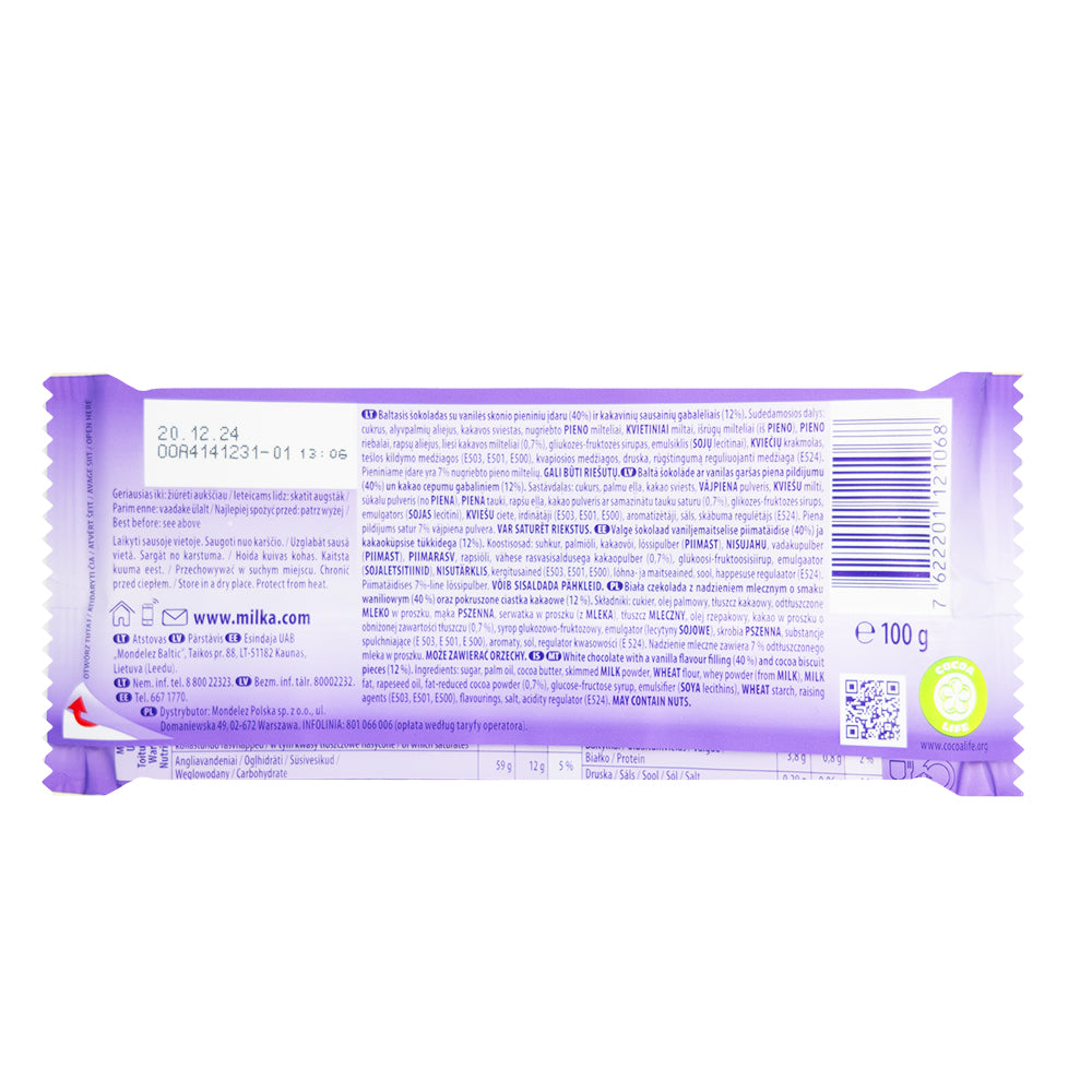 Milka Oreo White Chocolate Bar -  Nutrition Facts Ingredients
100g 