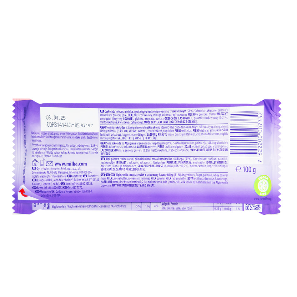 Milka Chocolate Bar - Strawberry 100g  Nutrition Facts Ingredients
