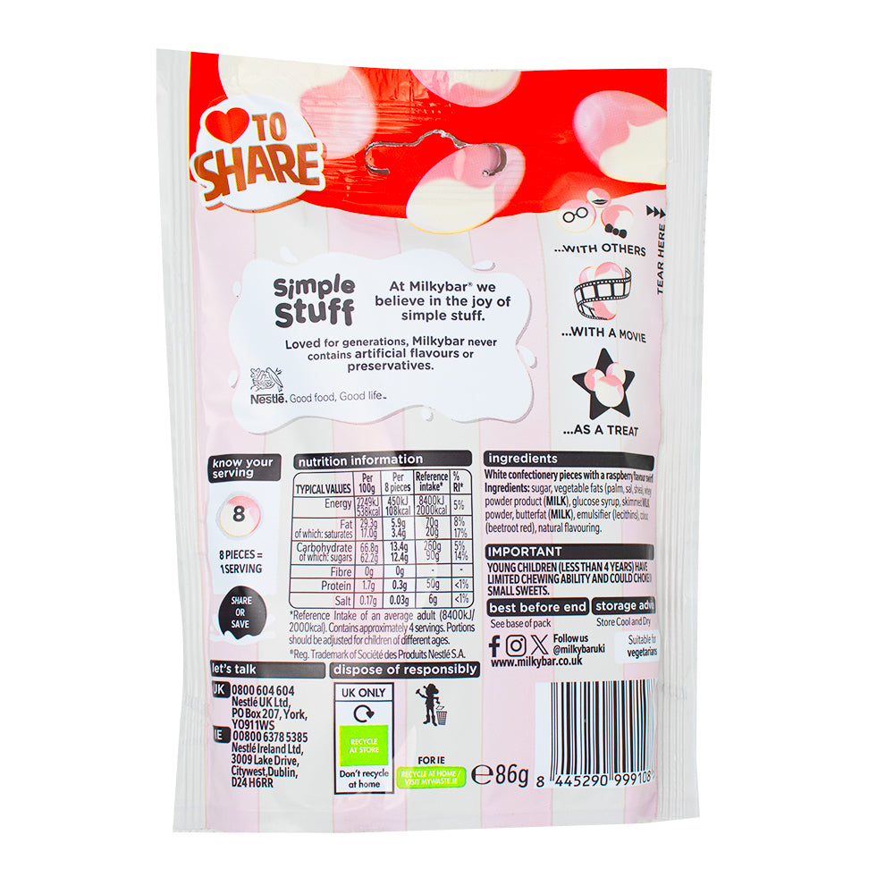 Milkybar Raspberry Ripple Ice Cream flavour White Chocolate Buttons (UK) - 86g  Nutrition Facts Ingredients