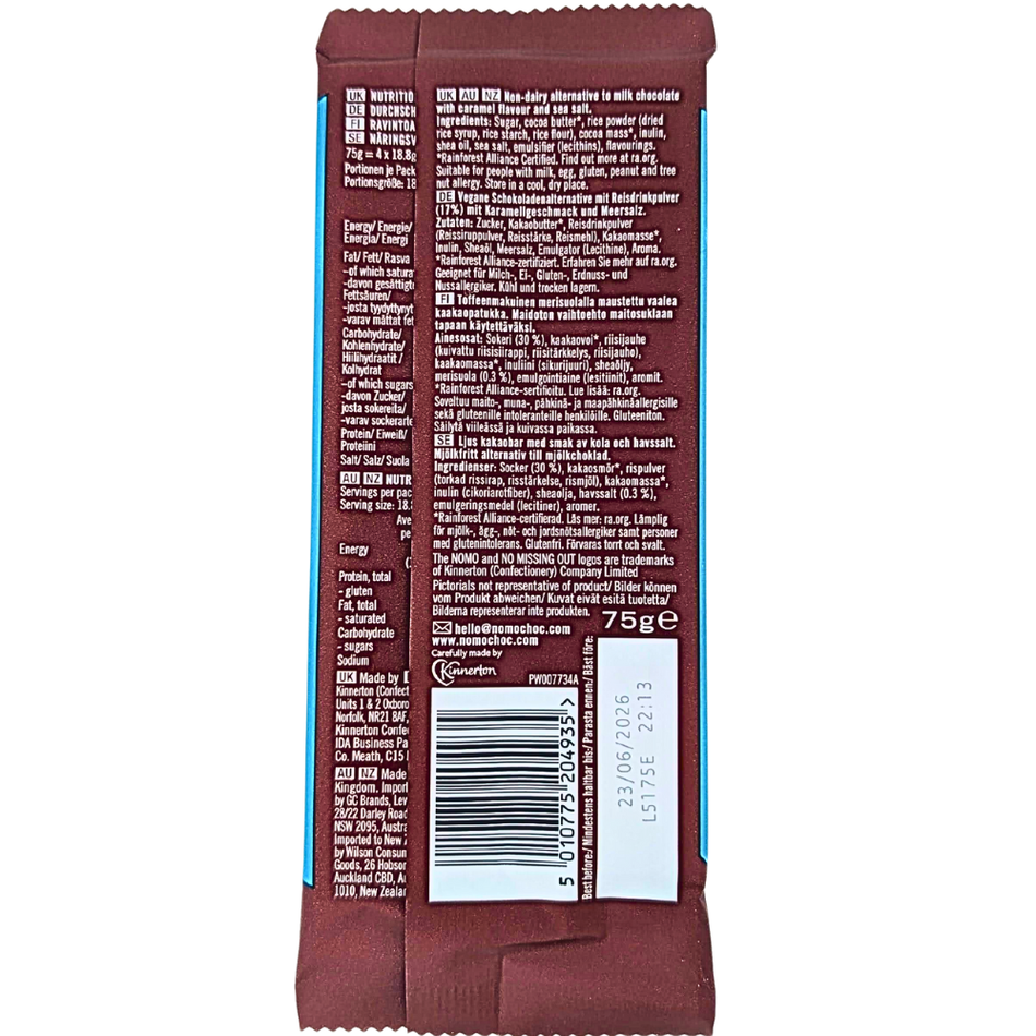 NOMO Vegan Caramel & Sea Salt Chocolate Bar (UK) - 75g