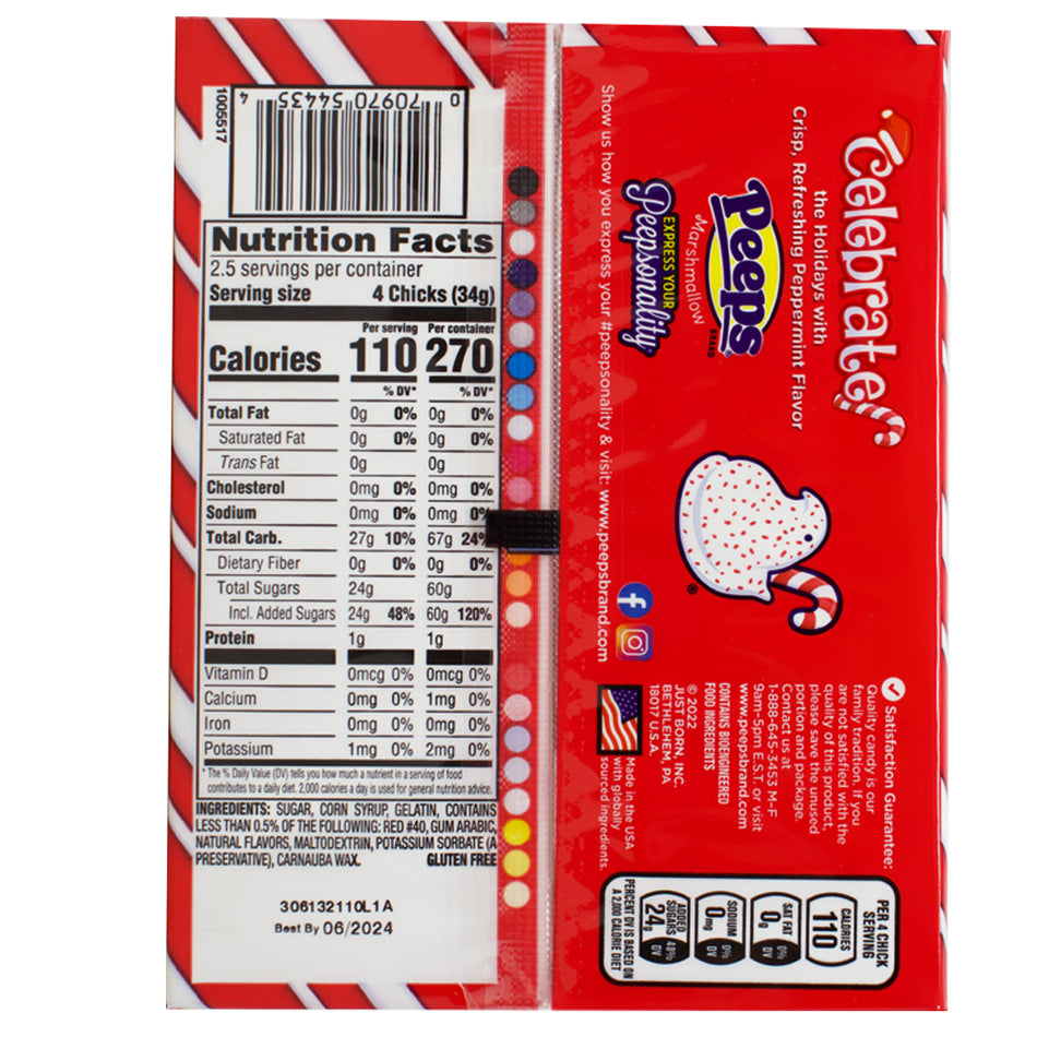 Peeps Candy Cane Marhsmallow Chicks - 3oz Nutrition Facts Ingredients - Candy Cane Marshmallow Chicks - Holiday Peeps Treats - Festive Marshmallow Candy - Christmas Sweet Delights - Peppermint Marshmallows - Christmas Candy Fun  - Christmas Candy - Christmas Treats - Peeps Candy - Peeps - Peeps Marshmallows