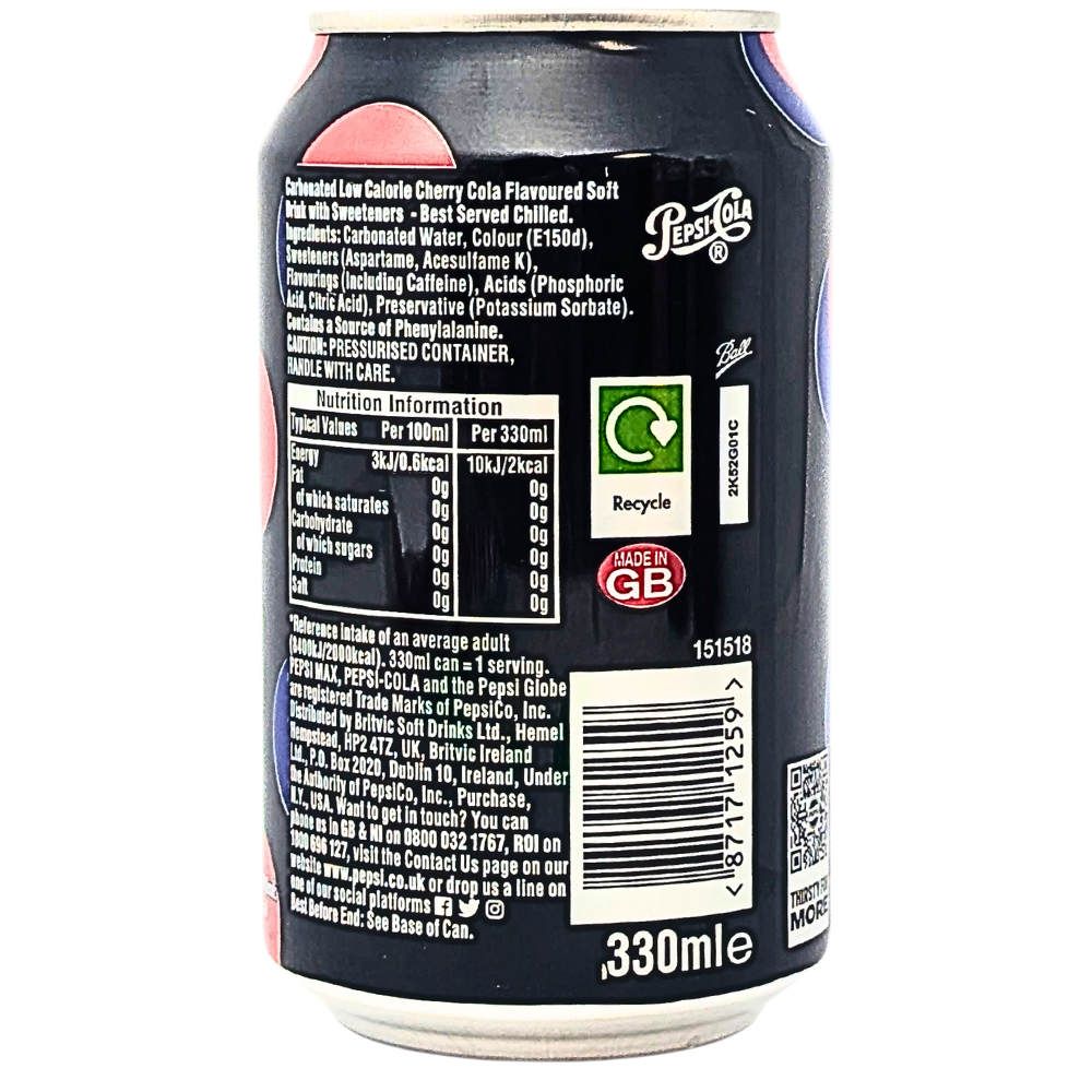Pepsi MAX Cherry No Sugar (UK) - 330mL