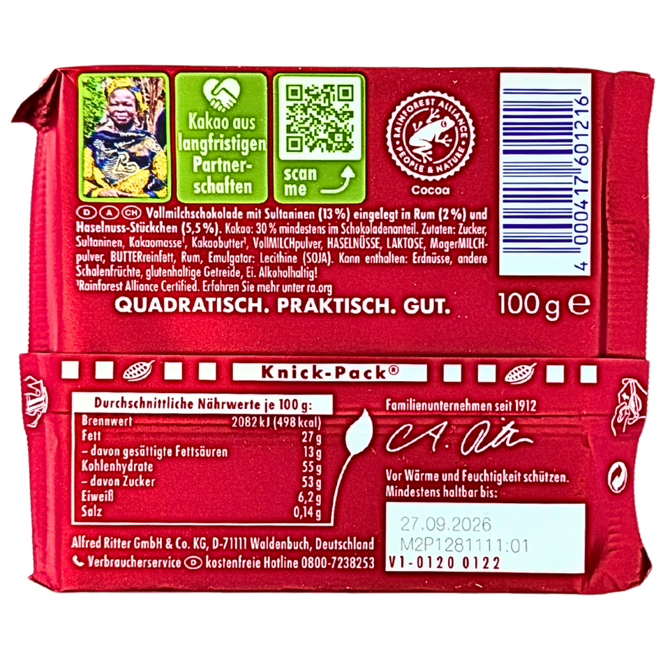 Ritter Sport Milk Chocolate Rum Raisin & Hazelnut - 100g