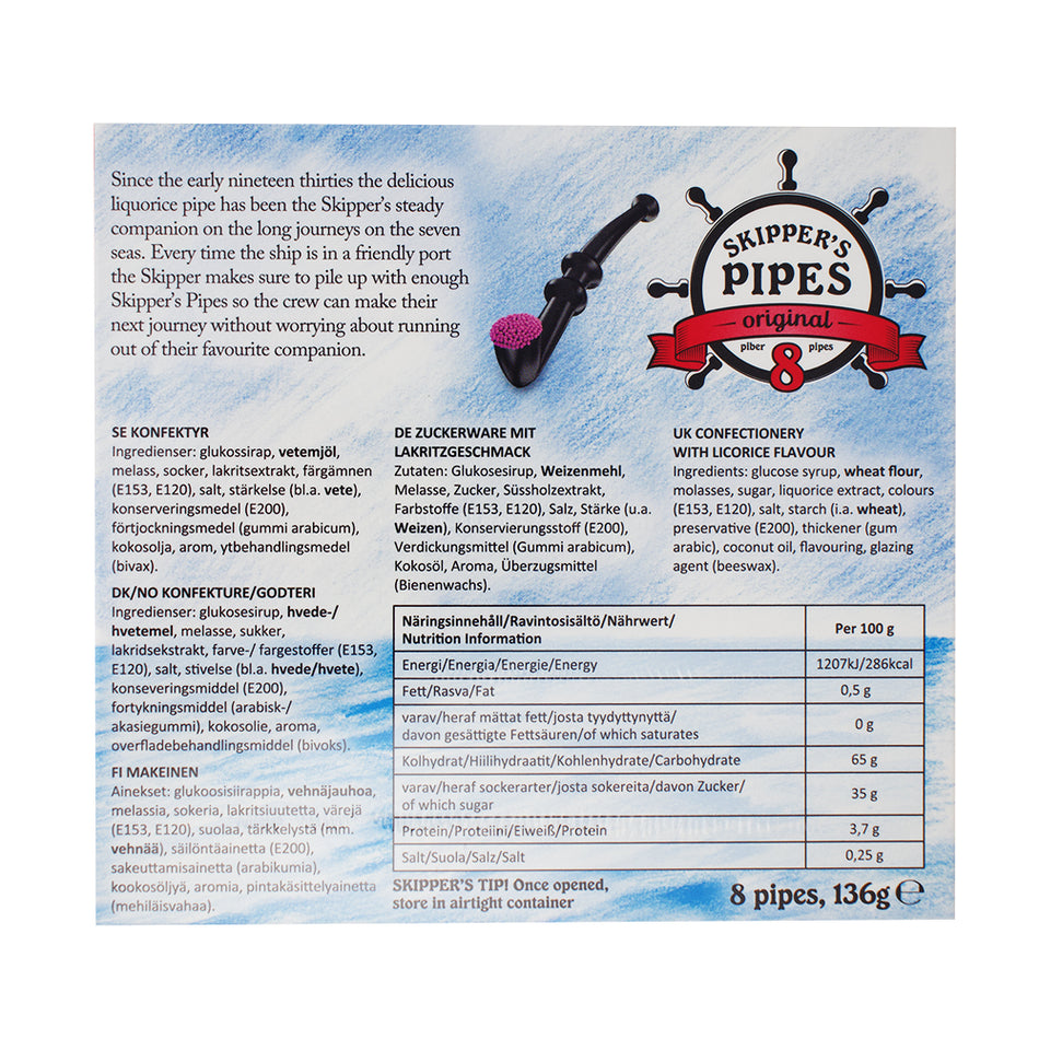 Skippers Pipes Original 8 Nutrition Facts Ingredients-Old Fashioned Candy- Black Licorice - Licorice Pipes