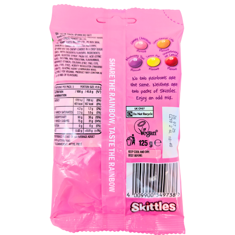 Skittles Desserts Candies (UK) - 125g-nutrition-facts-ingredients