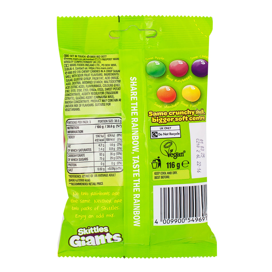 Skittles Giants Sours (UK) - 116g  Nutrition Facts Ingredients